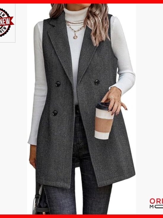 Jackets & Blazers - Wool Blend Long Vest Sleeveless Blazer Trench Style Button Front
